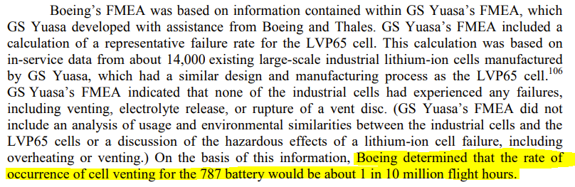 apparently this cell design is very similar to an existing Yuasa design that has been used a lot for industrial applications. but Boeing extrapolated MTBF data from an installed base of only 14,000 cells (not identical either, but similar). oops.