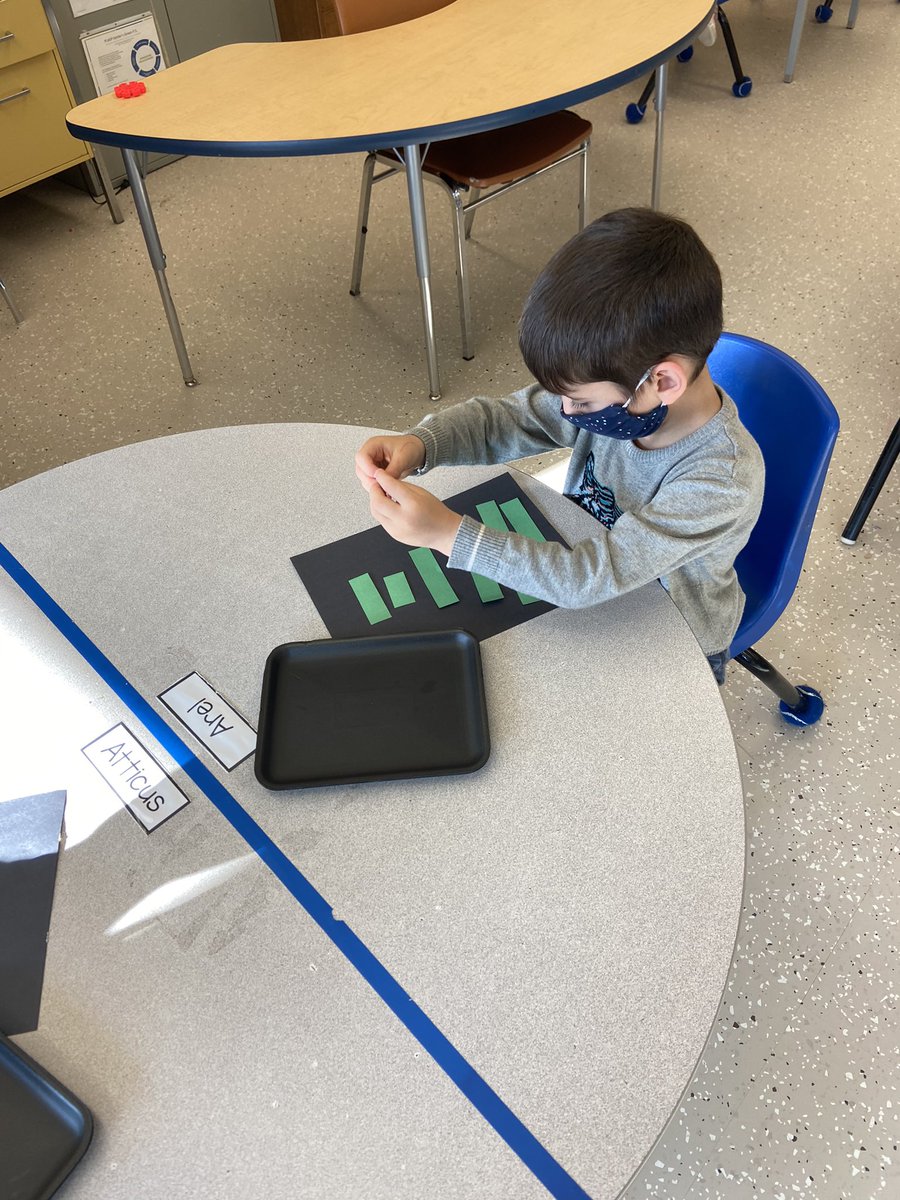 MrsDeCoste's tweet photo. We compared lengths of different sized strips of paper, put them in order from biggest to smallest, and turned our math into art! We were so excited to discover that it made an evergreen tree, and some even turned it into a Christmas tree like they have at home! @SettlersGreenPS https://t.co/vGmECf4ilP