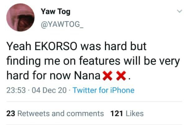 'Sore' hit maker, Yaw Tog has revealed he is not ready for any feature for now in a post he shared on his Twitter page.