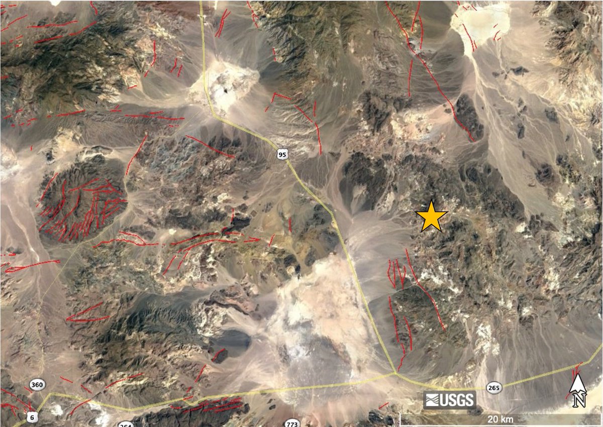 Let’s look at this Google Earth satellite image with known and mapped active faults in the area around the Monte Cristo earthquake. The red lines are the faults, and the yellow star is the epicenter of the Monte Cristo event.