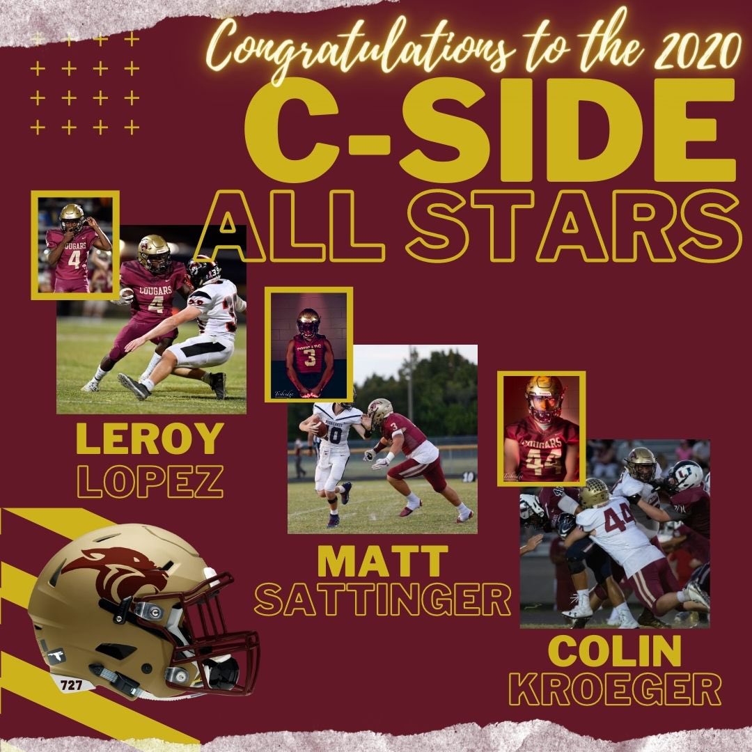 We want to congratulate Leroy Lopez (WR/DB), Matt Sattinger (LB/FB) and Colin Kroeger (DL/OL) for being selected to the 2020 Pinellas County All Stars! 

Proud to be a Cougar!
<a href="/regular_leroy4/">Leroy</a> | <a href="/MattSattinger/">mattsatt3</a> | @ColinKroeger 
#csidenation🐾 #family #outwork