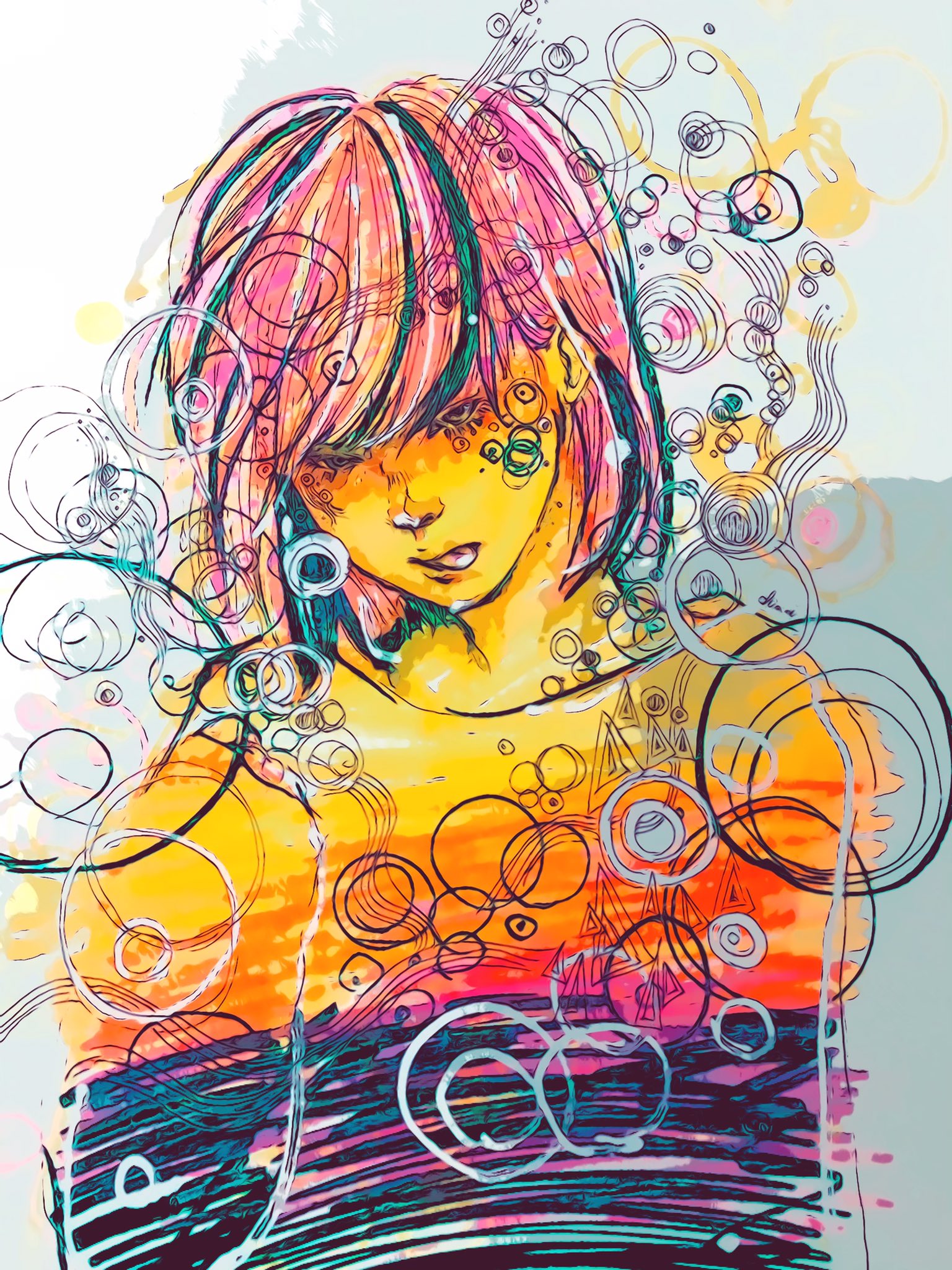 Chiami Ck どの描き方が一番自分らしいのか 見えた気がして また見失って 過去の絵を見て共通点を探すけど 共通点が無い 笑 感情的で衝動的で その都度変わるからわからない 自分がわからない 蛍光ペン 女の子 イラスト 絵 滲み 色遊び