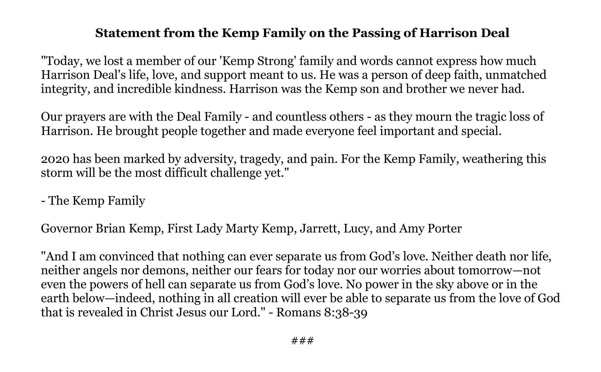 Governor Brian P. Kemp on Twitter: "Statement from the Kemp Family on the  Passing of Harrison Deal:… "