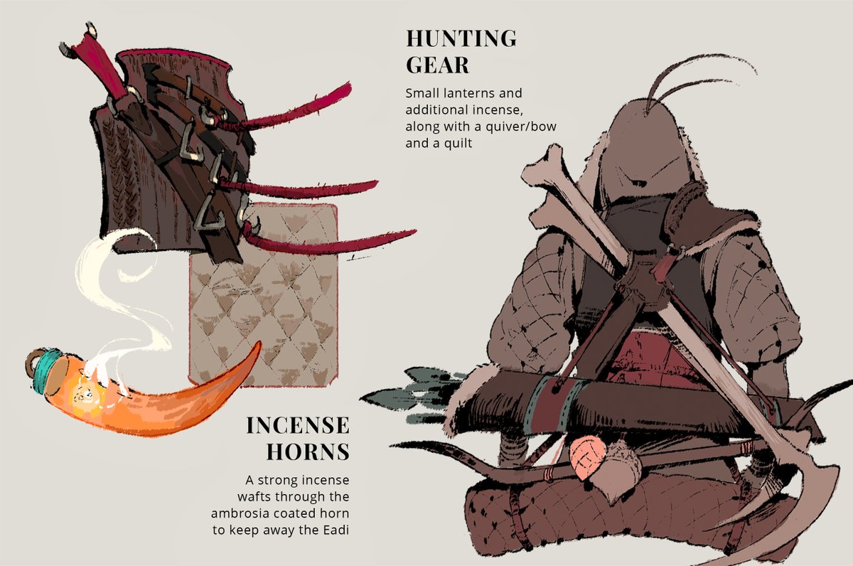 pix_bun's tweet image. In a world where life relies on the magic of honey; a veteran hunter who harvests honeycombs that lie embedded in icy mountains