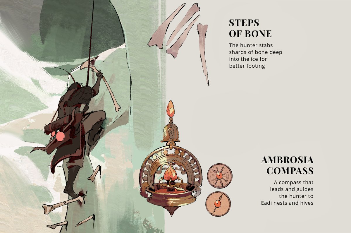 pix_bun's tweet image. In a world where life relies on the magic of honey; a veteran hunter who harvests honeycombs that lie embedded in icy mountains