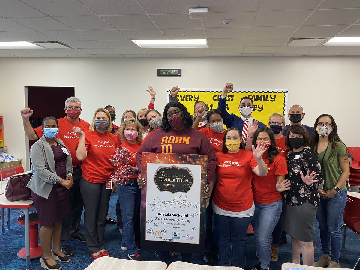 Our own 3rd grade teacher,  Ms. Shokunbi, was selected today as a TOP 5 FINALIST FOR HILLSBOROUGH COUNTY'S TEACHER OF THE YEAR!!!!!!! The final selection for TOY will be announced in January, but until then, we wish Ms. Shokunbi luck with her final steps in the selection process.