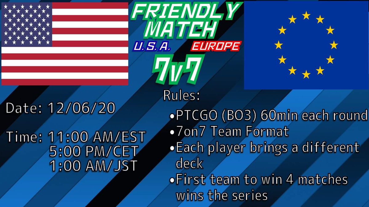 Here are the stream info for the U.S.A. vs EU friendly team battle:

U.S.A. Side:
twitch.tv/fctakahashi

EU Side: hosted by <a href="/Sininchi/">Pedro E. Torres</a> 
twitch.tv/sininchi18

Stay tuned for more announcements tomorrow.