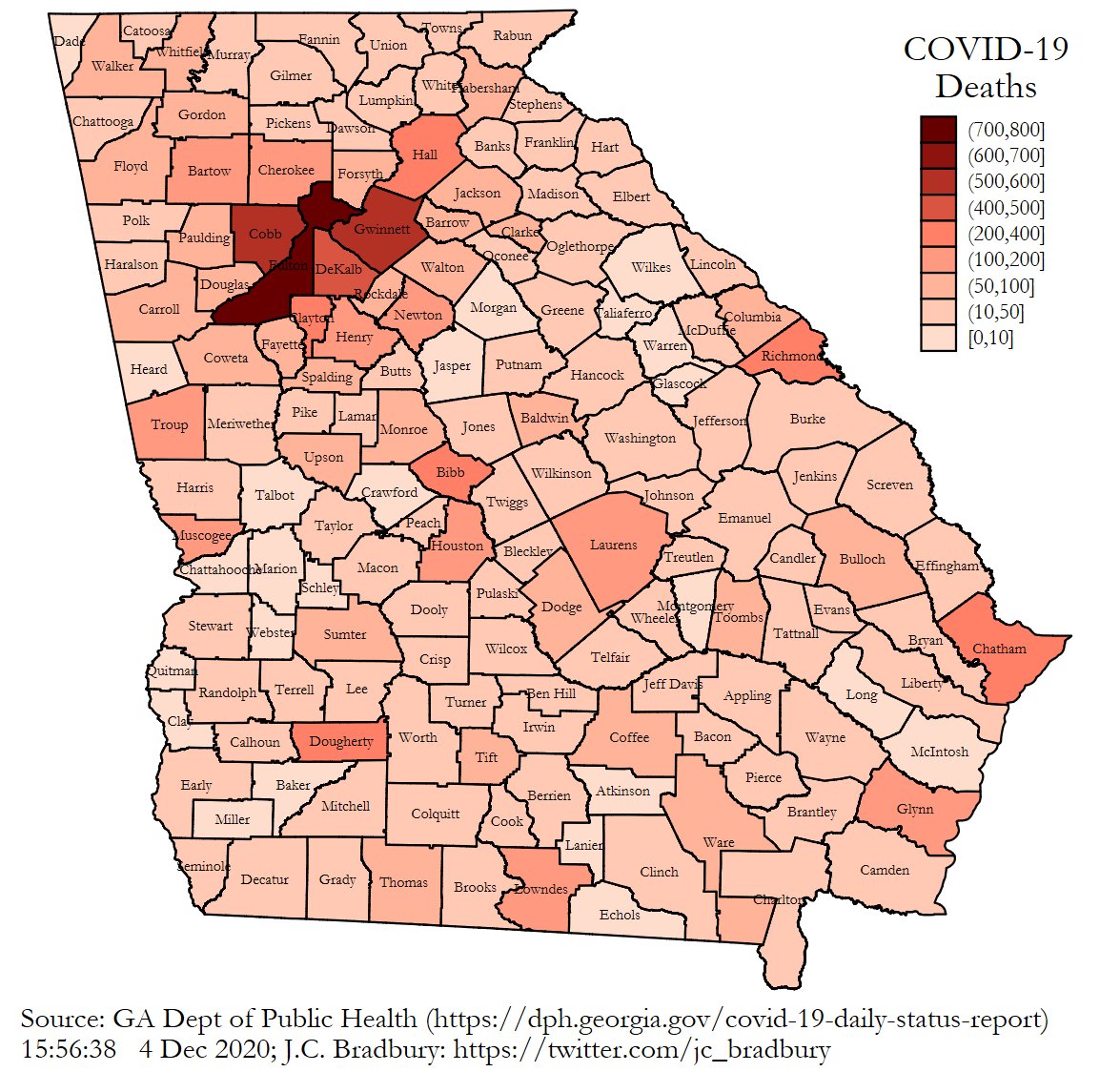 County Deaths (Top 5)Fulton: 717, +3Gwinnett: 547, +6Cobb: 520, +3DeKalb: 471, +2Bibb: 242, +3(of note)Non-GA Res/Unk St: +11(Death maps now include probable and confirmed deaths.)