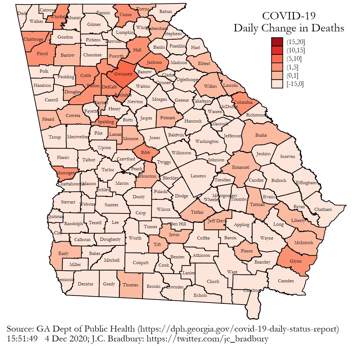 County Deaths (Top 5)Fulton: 717, +3Gwinnett: 547, +6Cobb: 520, +3DeKalb: 471, +2Bibb: 242, +3(of note)Non-GA Res/Unk St: +11(Death maps now include probable and confirmed deaths.)