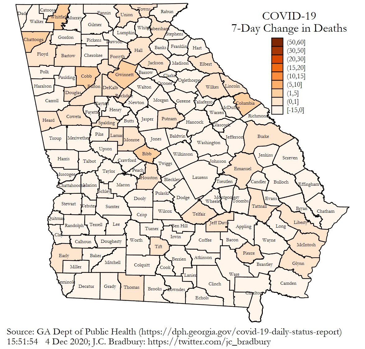 County Deaths (Top 5)Fulton: 717, +3Gwinnett: 547, +6Cobb: 520, +3DeKalb: 471, +2Bibb: 242, +3(of note)Non-GA Res/Unk St: +11(Death maps now include probable and confirmed deaths.)