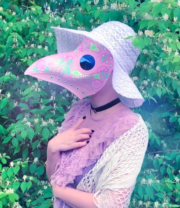 #12. This beautiful watercolor plague doctor mask by Kelly McKernan.  https://www.instagram.com/kelly_mckernan/&nbsp; Worn by Caitlin via the Geek Studio blog.  https://blog.geekstudio.ca/post/617592165336530944/miasma-plague-mask-by-kelly-mckernan