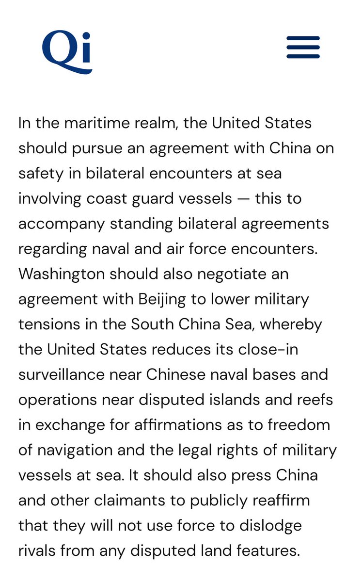 As usual,  @QuincyInst's views on the South China Sea disputes are divorced from reality. In what world should we stop exercising our freedom of navigation in exchange for "affirmations" from China that they won't interfere with our freedom of navigation? That makes no sense.