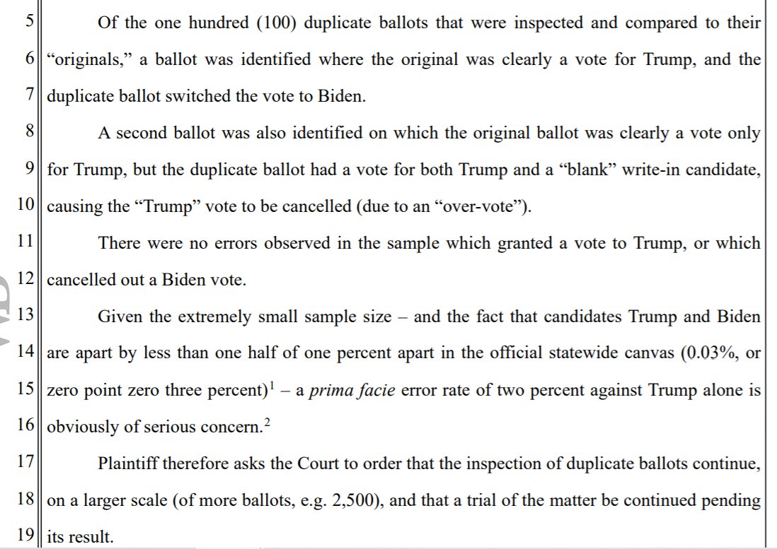 AZ Ward 3/612/2 Petitioner Motion to Compel or For Continued Inspection, notes A) 100 duplicated ballot sample inspected 12/1 revealed 2 spoiled Trump ballots improperly transformed into 1 Biden, 1 Trump+write-in (overvotes not counted) B) ...  https://www.clerkofcourt.maricopa.gov/Home/ShowDocument?id=1866