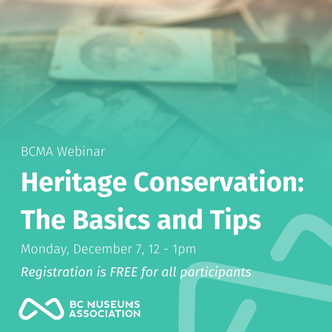 BCMuseumsAssn's tweet photo. There's still time to register for our free webinar on December 7! Hear directly from an object conservator about Agents of Deterioration and get some tips and resources to help guide you through the preservation of your collection https://t.co/X856fqcXXO #BCMuseums #BCGLAM https://t.co/XqINvlvGqc