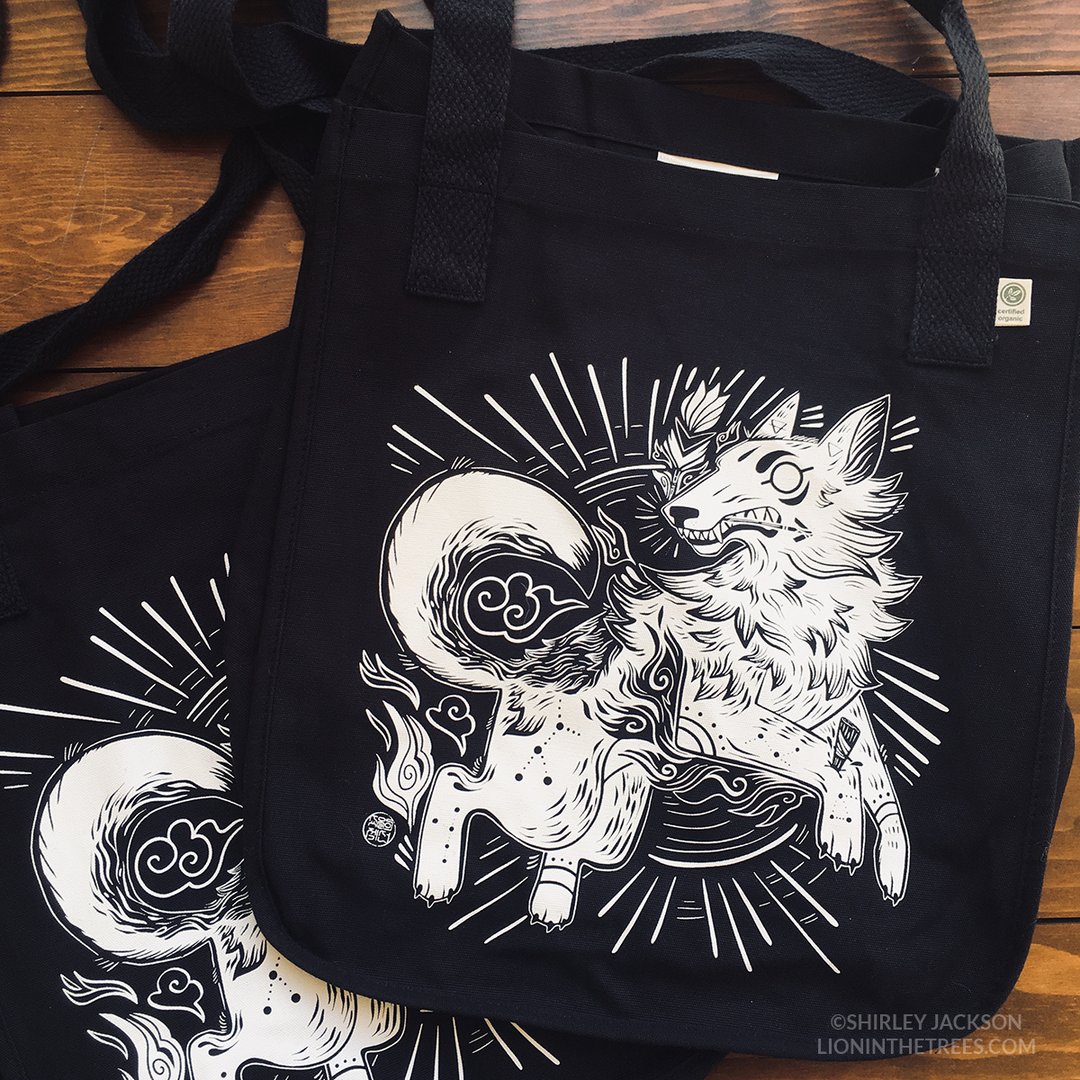 Tote Bags: 1. Coffee Frog Prince by  @Aluhnim ( https://chanchauart.com/shop/coffee-frog-prince-tote)2. Year of the Coyote by  @LionintheTrees ( https://shop.lioninthetrees.com/collections/frontpage/products/organic-year-of-the-coyote-market-tote-bag)