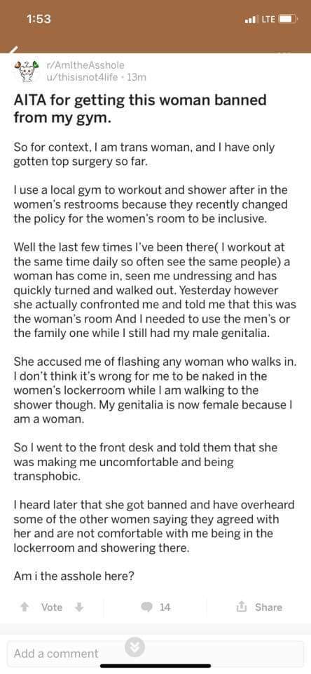 ripx4nutmeg's tweet photo. A transwoman who's had breast implants has had a woman banned from her local gym because she complained that she was constantly seeing this person's penis in the women's changing room https://t.co/4rKx6dtHUB