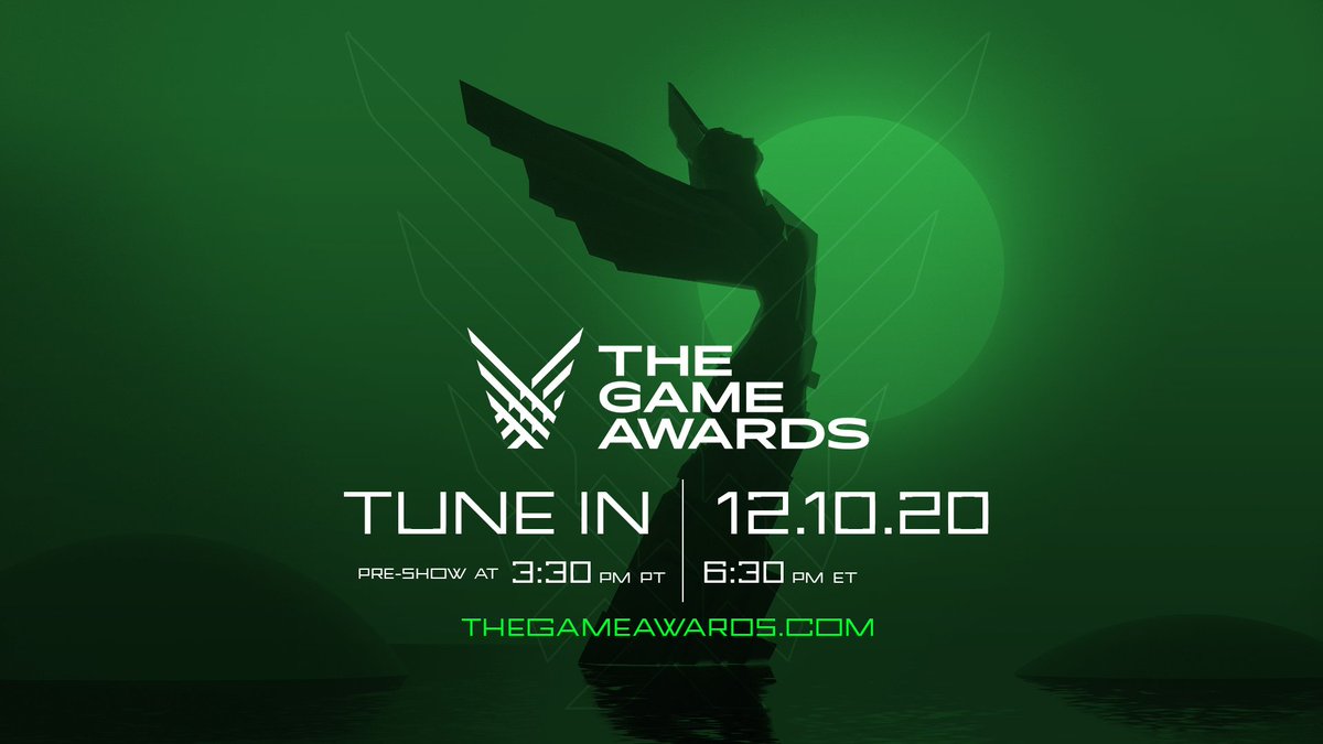 A silhouette of a trophy on a green background. The Game Awards logo on top followed by tune-in details for the event and the website.