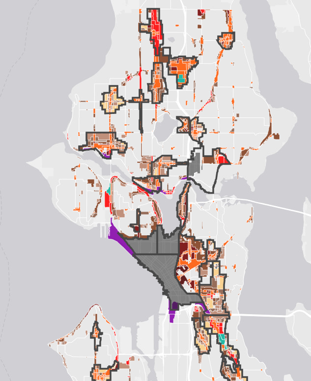 Now, let's look at a zoning map. Light gray is single family zoning. Colorful parts are where apartments and townhouses are legal. Oh, how odd, lookie at the old redlined map of segregation