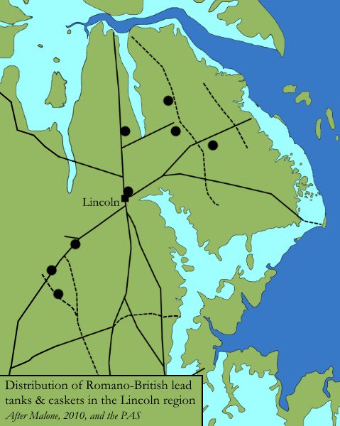 The book also has a brief discussion of Late Roman lead tanks/fonts, like this from Walesby—the late & post-Roman churches in Lincoln's forum may have been associated with the 4thC Bishop of Lincoln, whose area of influence may also be visible in the distribution of these items…