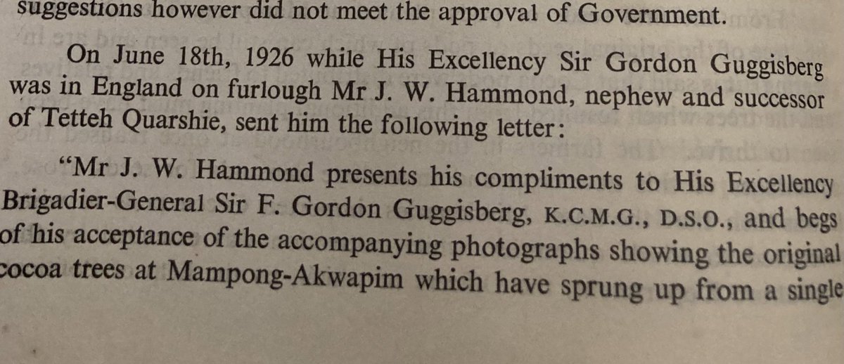 J. W. Hammond was bent on leaving no room for doubt about his uncle’s legacy. Years after it was clear TQ was the rightful person to be credited for first introducing cocoa, Hammond wrote to Guggis attaching before and after photos of the original cocoa trees his uncle planted