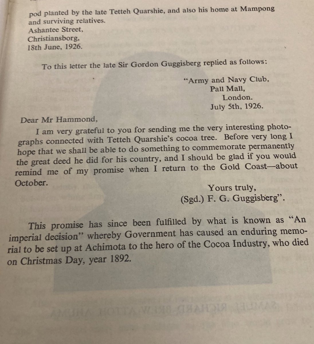 J. W. Hammond was bent on leaving no room for doubt about his uncle’s legacy. Years after it was clear TQ was the rightful person to be credited for first introducing cocoa, Hammond wrote to Guggis attaching before and after photos of the original cocoa trees his uncle planted