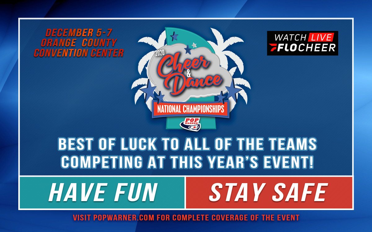 Pop_Warner's tweet photo. Best of luck to all squads reporting to the 2020 Pop Warner National Cheer and Dance Championships today!!! Stay safe, bust most importantly, have fun!!! #PWChamps2020 https://t.co/xnK71WCTMq