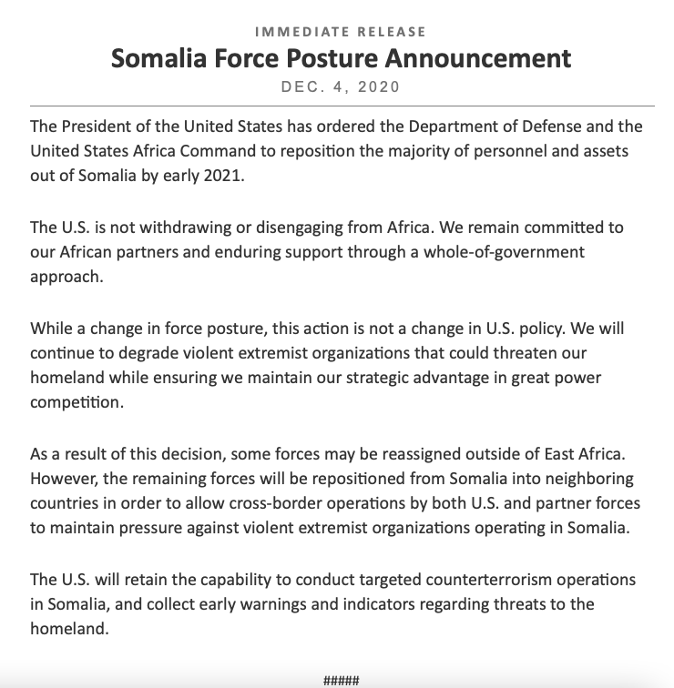 NEW:  @realDonaldTrump orders "majority of personnel & assets out of  #Somalia by early 2021""Some forces may be reassigned outside of East  #Africa" per  @DeptofDefense "Remaining forces will be repositioned from Somalia into neighboring countries" to allow for cross-border ops