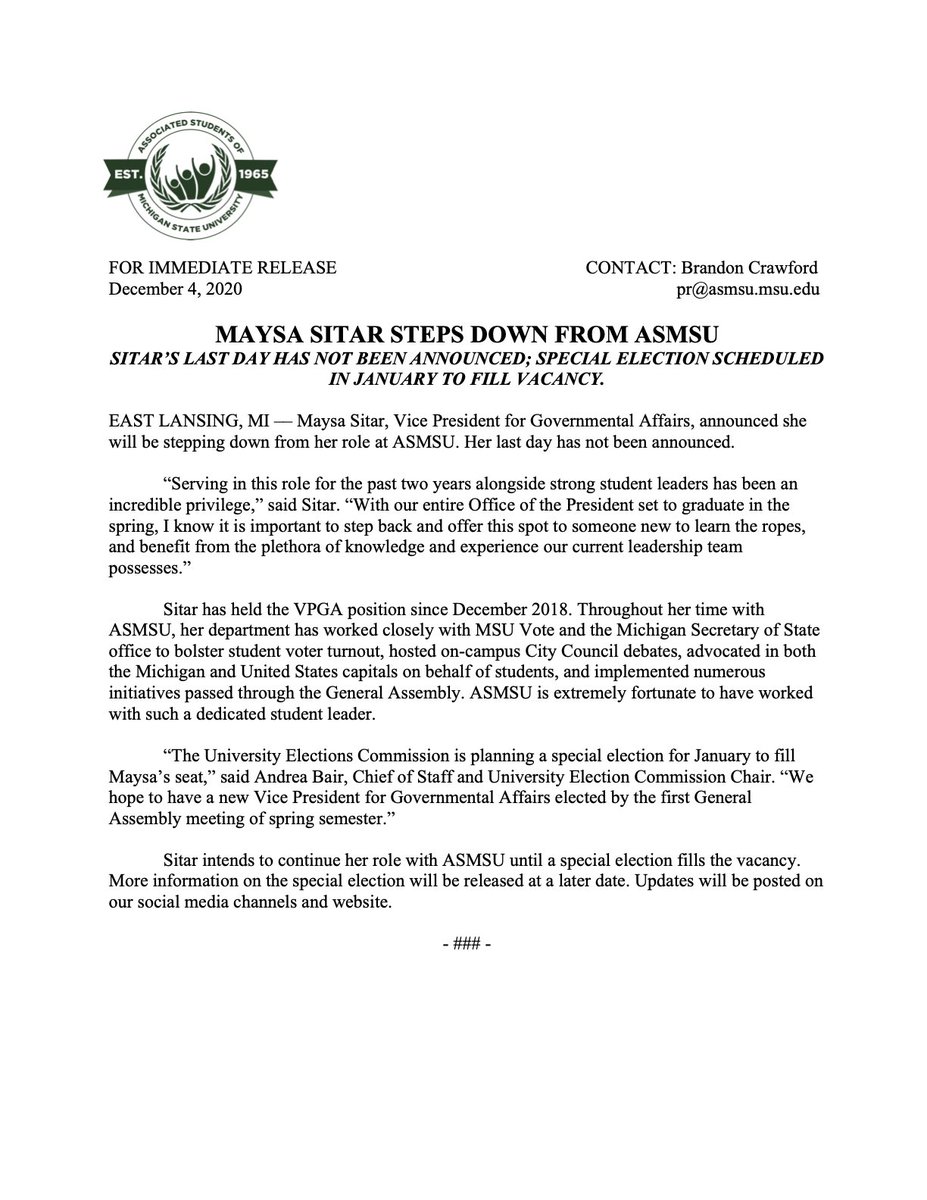 ASMSU's tweet photo. Last night Maysa Sitar, Vice President for Governmental Affairs, announced she will be stepping down from her role at ASMSU. Maysa has dedicated countless hours through her two years of service and made an immense impact on the MSU community. https://t.co/3vEBgXCayU