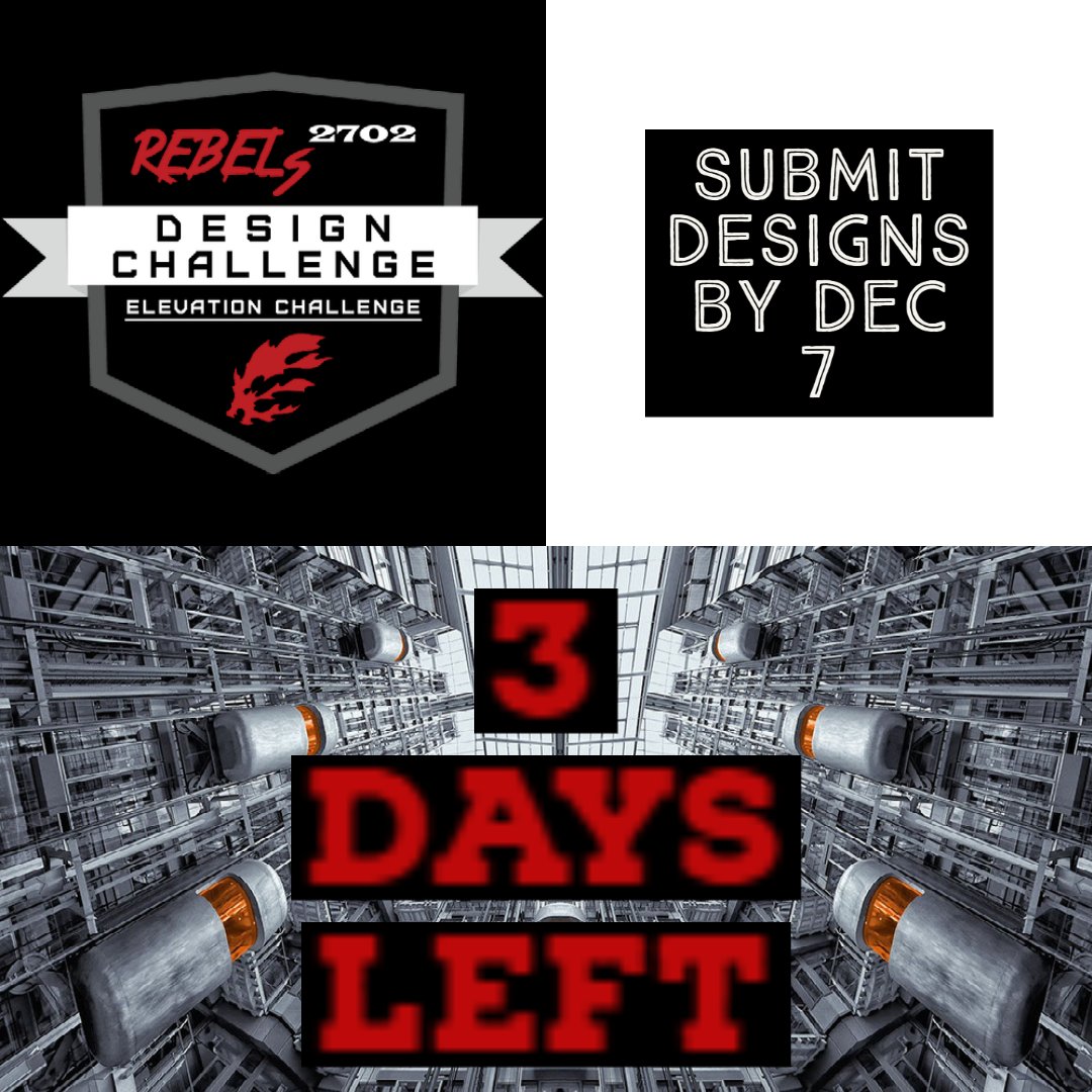 frc2702's tweet image. Only 3 days left to the deadline! Make sure to get your submissions in ASAP. Remember, you can submit designs for both the Launcher and Elevation challenge. Good luck!
#OMGRobots #spreadingGP #2702Rebels