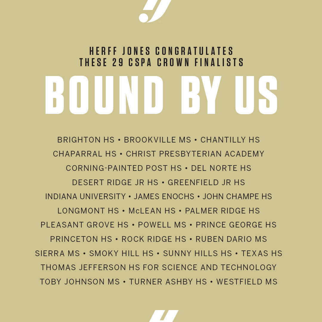 VarsityYearbook's tweet photo. Congratulations to the 29 @herffjones 2020 yearbook staffs who were named Crown Finalists by @CSPA today! We’re so happy for you — and we know how hard you have worked to tell the stories of your school and the year. Woo hoo!! https://t.co/BUPAG0Svmo