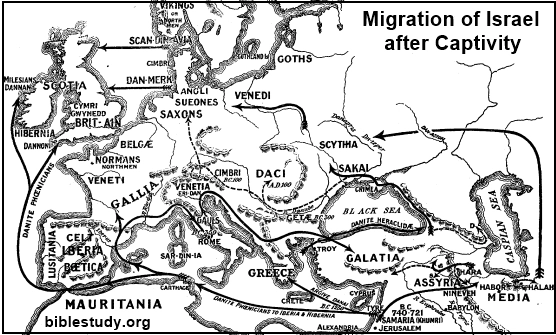 Here's another one, with a long right hook around the Caspian sea. You'll note a focus on words like Denmark and Scandanavia on some of these maps because some claim that this is where the tribe of Dan ended up--thus "Dan-Merk." Scan-DAN-navia. Etc.