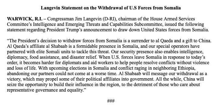 US troop withdrawal from  #Somalia "is a surrender to  #alQaida & a gift to  #China" per  @JimLangevin, chair of  @HASCDemocrats subcommittee on Intelligence & Emerging Threats