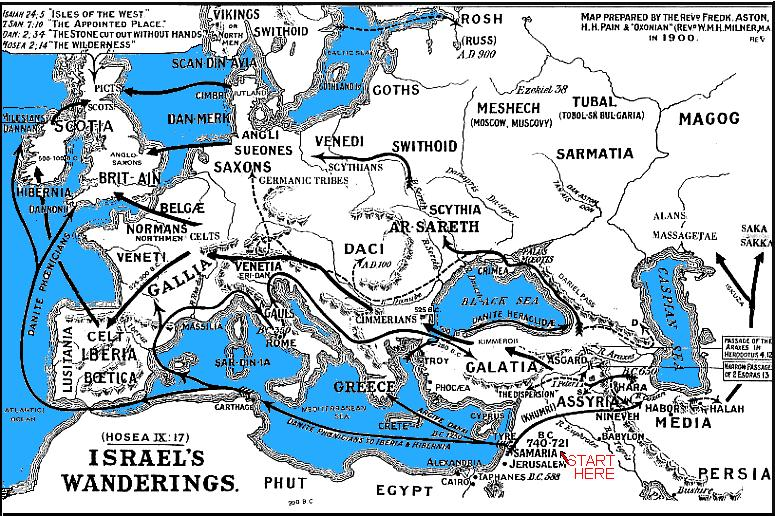 This version dates from 1900, putting it squarely within British Israelism (CI basically emerges its modern form in the 2nd half of the 20th century). I'm pretty sure the "start here" was added later.