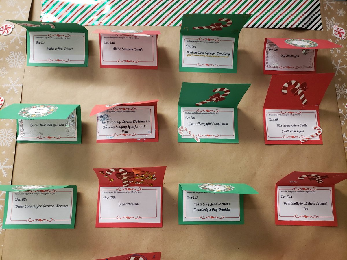 MsClarke15's tweet photo. SO pleased with the grade 5 and 6's thoughtful ideas for our 25 Days of Kindness Advent Calendar. What a caring and thoughtful bunch they are 😊 #joyday #santashelpers #kindness https://t.co/9t39chRDGh