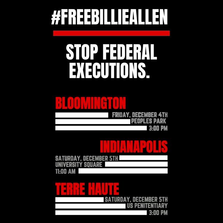 #StopFederalExecutions
#FreeBillieAllen
#EndTheDeathPenalty

So much critical work being done - so many ways to engage, learn, resist, and get free. Now is the time.

@freebilliealle1