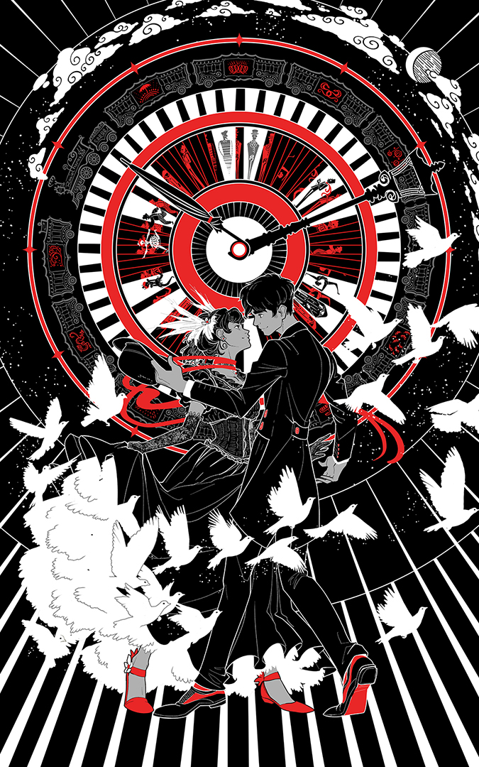 rosiethorns88's tweet photo. I cannot express how much patience I had to scrape from the bottom of my patience barrel before being able to reveal this artwork. ✨😩🧡An illustration inspired by #TheNightCircus by @erinmorgenstern featuring Marco and Celia... and some other cameos! https://t.co/bqehVYl4C5