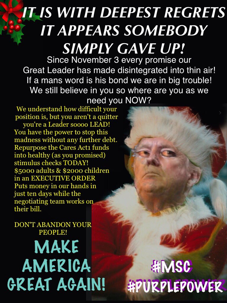 auntbarb73's tweet photo. #TheRealDonaldTrump #DonaldTrumpJr #MitchMcConnell #PurplePowerCheck5000 FOUR YEARS AGO WE PUT OUR LIVES IN YOUR HANDS, AS WE STAND HERE TODAY WE STILL BELIEVE IN YOU BUT YOU SEEM TO HAVE GIVEN UP, ABANDONED US WHEN WE NEED YOU MOST! DON'T QUIT HELP US TODAY WE ARE DYING OUT HERE https://t.co/UtINSnaAOq