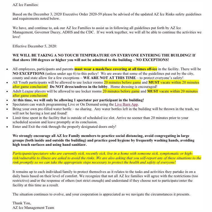 We will institute new protocols effective Sat, Dec5. As numbers rise, AZ Ice will be proactive in trying to stay ahead of the curve. We appreciate the help of our AZ Ice Family as we work through these trying times. Thank you in advance for your understanding.