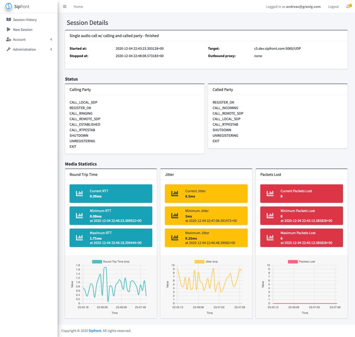 andreasgranig's tweet image. You want media statistics for a probe call, you get media statistics for a probe call. First version 👇/cc @sipfrontcom #BetterSipTesting
