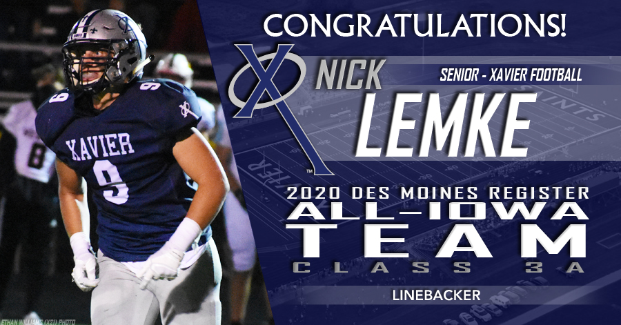 XavierSaints's tweet photo. Congratulations to @CRXavierFB's Nick Lemke on being named to the @DMRegister's All-Iowa Team in Class 3A! #WeAreXavier https://t.co/2mDTnOEKMM