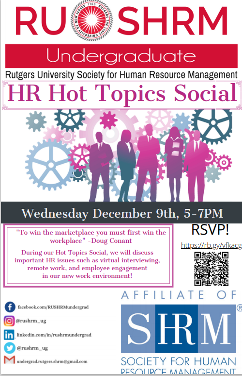 RUSHRM_UG's tweet photo. Hope everyone is finishing the end of this semester strong! Please be aware that next Wednesday is our HR Hot Topics Social, and our last event of the semester. IF you have time in your busy schedule you should drop by! We will be discussing some of the latest trends in HR ! https://t.co/dQBl6ZFfK1