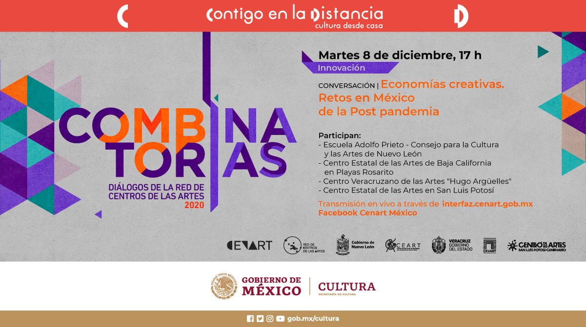 cenartmx's tweet photo. 'Economías creativas. Retos en México de la Post pandemia' será el tema de la próxima sesión de #Combinatorias | Diálogos de la Red de Centros de las Artes 2020 el próximo martes a las 17 h vía @interfaz_cenart.
Seguimos #ContigoEnLaDistancia. 😍 https://t.co/m28bFyr0i7