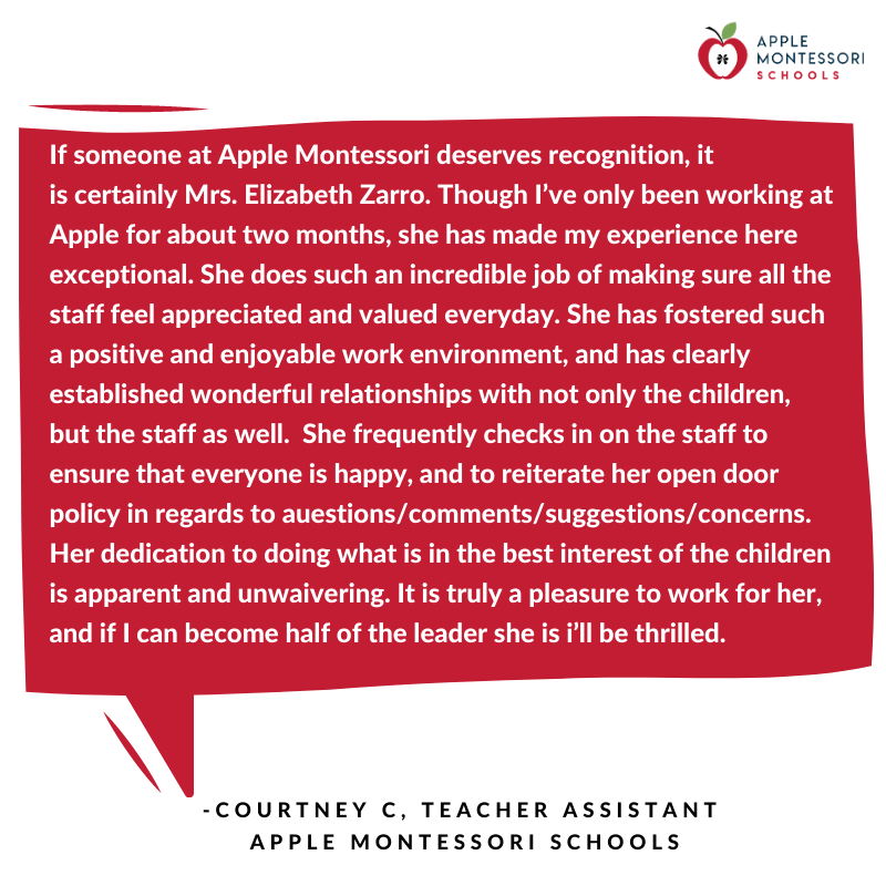 AppleMontSchool's tweet photo. A HUGE shout out to Oakland’s Ms. Zarro who exemplifies the importance of hard work and goodwill! We are forever grateful for the commitment and invaluable contributions of each of our Apple Team members. #AppleStrong
❤️
#applemontessori #appleadvantage #montessori #njschools https://t.co/MwvPmciGjL