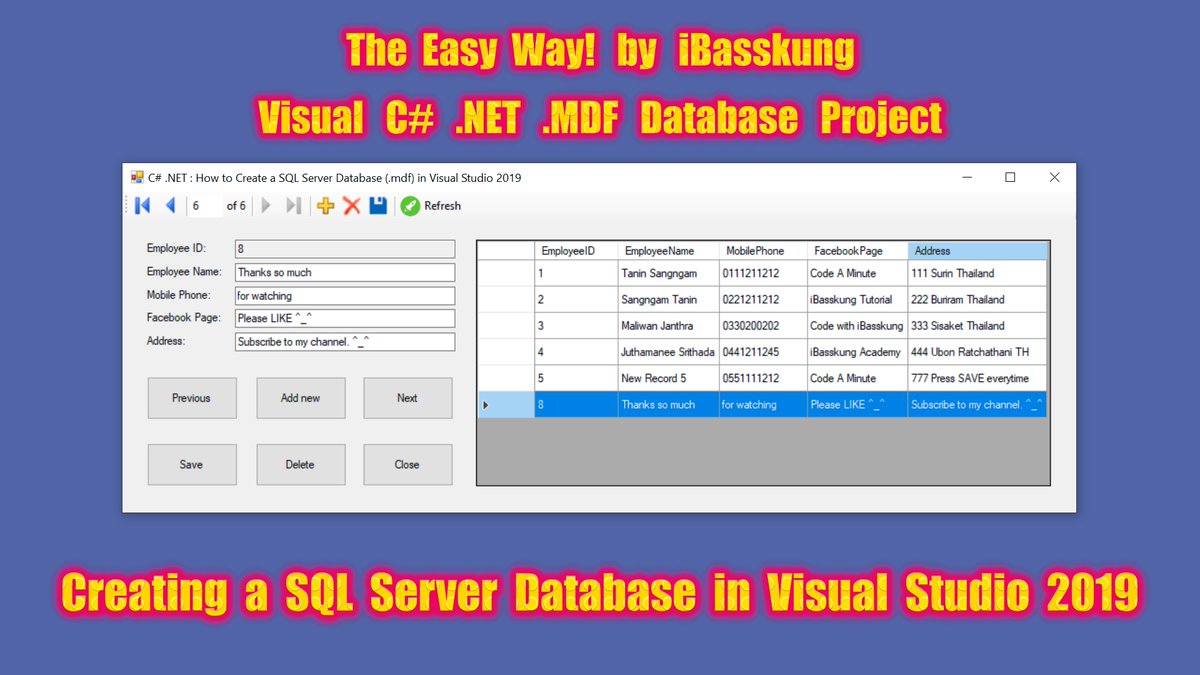 IBasskung's tweet image. 👨‍🏫 C# .NET Project : The Easy Way : How to Connect to a SQL Server Database File (.mdf) in Visual Studio 2019!
🎦 youtu.be/_cHmSLfsXOA

🚀 Visual Basic .NET: youtu.be/z6W8-g6i-ZE

📚 See all courses here: udemy.com/user/tanin-san…

#CSharp #VisualCSharp #MDF #SQLServer