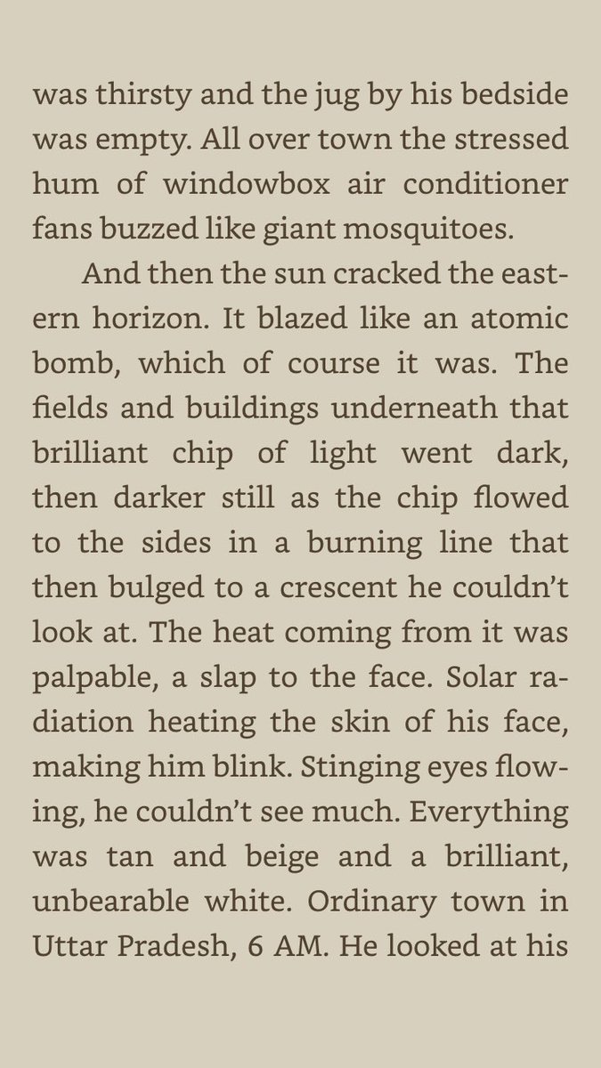 "All over town the stressed hum of windowbox air conditioner fans buzzed like giant mosquitos."3/n