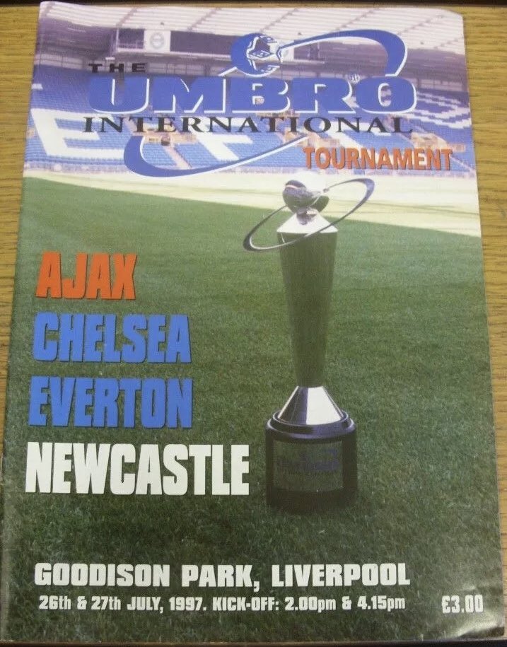 #166 EFC 1-0 Ajax - Jul 26, 1997. The Blues took part in a 4 team, 2 day Umbro Cup tournament at Goodison Park, with the other participants being Ajax, Chelsea & Newcastle. EFC reached the Final by beating Ajax 1-0, with a goal from Gary Speed. Chelsea awaited EFC in the Final.