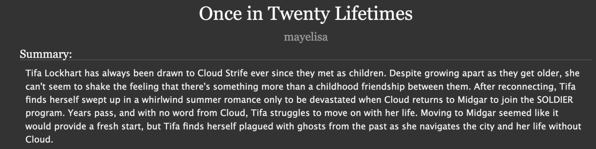 mayelisa13's tweet photo. I'm happy to announce that the fic I teased the other day is now live! 🥳🎉

➡️ Title: Once in Twenty Lifetimes
➡️ Rating: T
➡️ Link: https://t.co/JzmjJVvejF

#クラティ #clotifallfestival2020 #Cloti #alwayscloti #FF7R https://t.co/wOPcNVVG9m