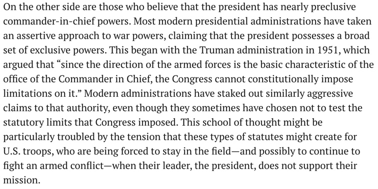 5. Others argue for "preclusive" commander-in-chief powers & claim it is disastrous to keep troops in a conflict that their leader ostensibly does not support. What about a conflict that the US people no longer support & their representatives have not voted on in two decades?