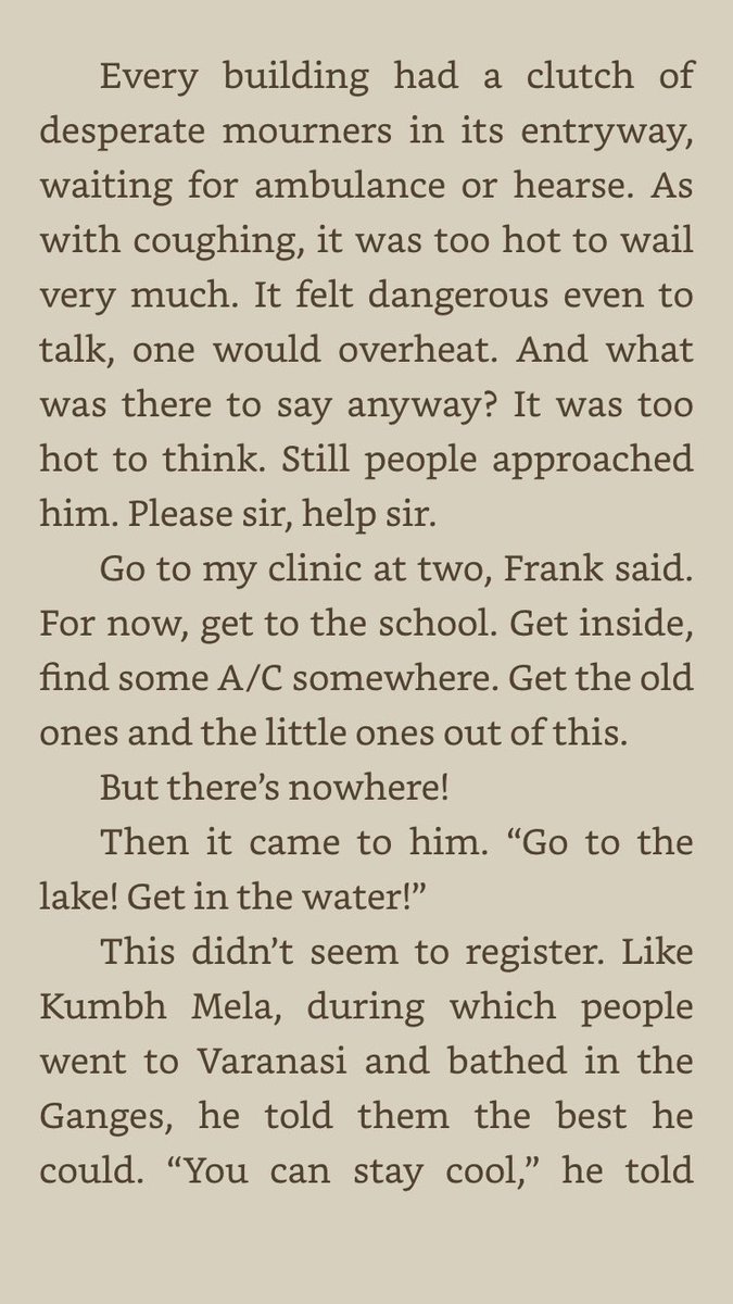 "For now, get to the school. Get inside, find some A/C somewhere. Get the old ones and the little ones out of this. But there’s nowhere! Then it came to him. 'Go to the lake! Get in the water!'"9/n