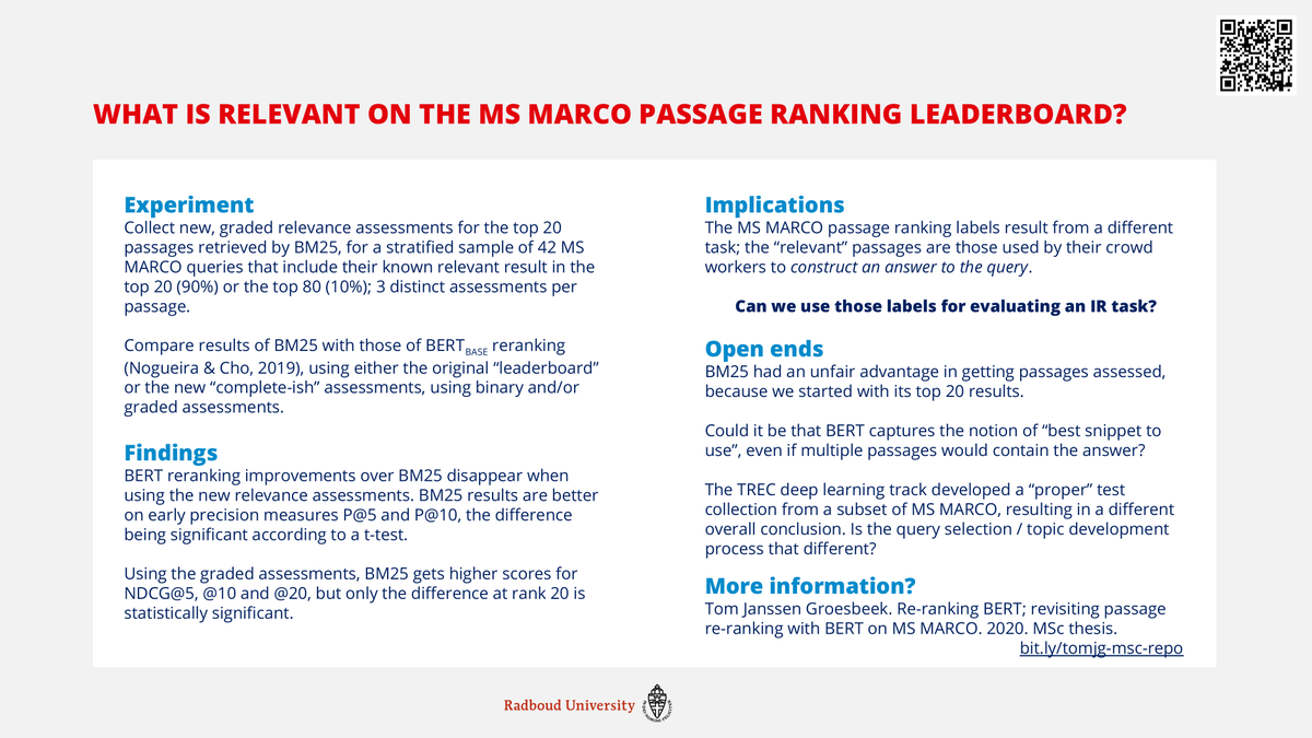 arjenpdevries's tweet photo. What is Relevant on the MS MARCO passage ranking leaderboard?"
A poster presented at #DIR2020, the main findings of Tom Janssen Groesbeek's MSc thesis summarised in one PNG.
More info:
https://t.co/lbZSwyreoL https://t.co/FjagaDJAg2